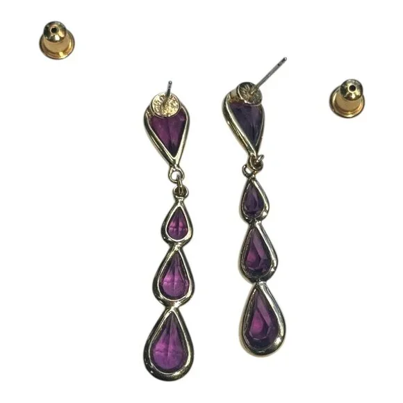Monet Amethyst Quadruple Teardrop Dangle Earrings With Gold Setting Vintage - Picture 4 of 11